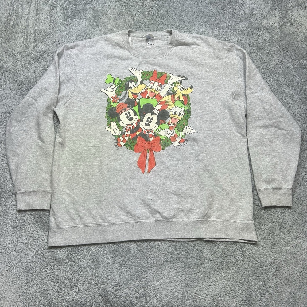 Vintage Disney Christmas Wreath Sweatshirt Men's 2XL Gray Mickey Minnie 90s
